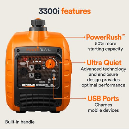 Generac 3,300-Watt Gas Powered Portable Inverter Generator - Lightweight and Compact - USB Ports for Device Charging - Produces Clean, Stable Power - Great for Home Backup, Camping, and RV Use - style: 3300-Watt Inverter - COsense - 49 ST