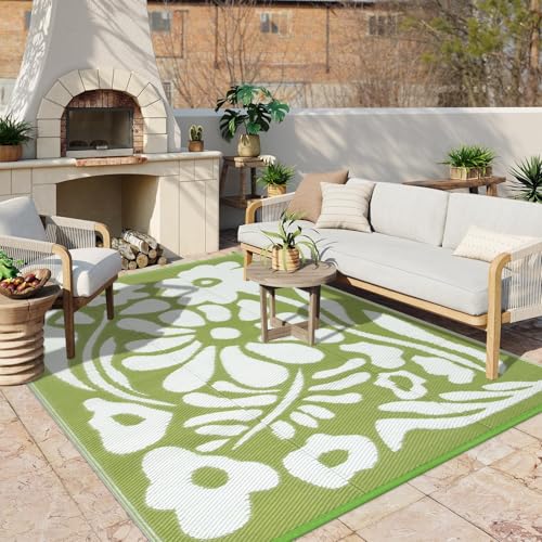 Uphome Outdoor Plastic Straw Mats 6x9 ft, Reversible Waterproof Outdoor Rug Carpet, Green Floral Patio Rug, RV Camping Rug for Outside, Indoor Outdoor Area Rug for Backyard Deck Balcony Picnic, 6'x9' - color: Green-floral, size: 8' x 10' (Rectangular)