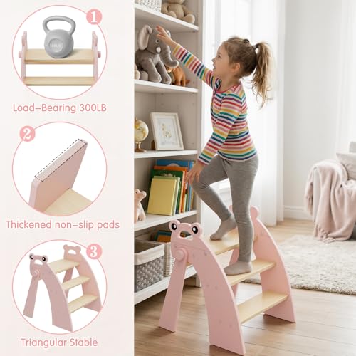 Wooden 3 Step Stool for Kids Bathroom Sink Foldable Anti-Slip, Child Stepping Stool for Kitchen Nursery Bedroom, Sturdy Non Slip Adult Stool for Closet - color: Pink Frog