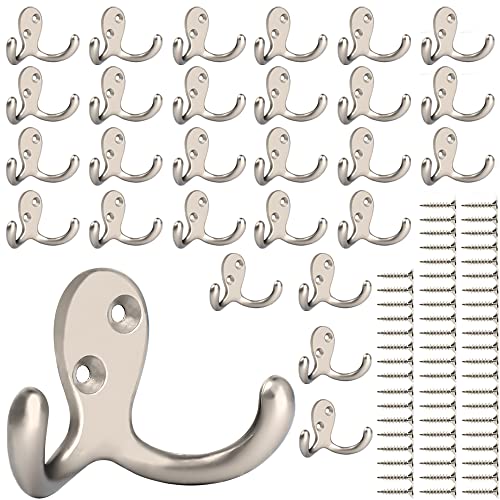 IBosins 28 Pack Heavy Duty Double Prong Coat Hooks Wall Mounted with 56 Screws Retro Double Hooks Utility Hooks for Coat, Scarf, Bag, Towel, Key, Cap, Cup, Hat - color: 28 Pcs Silvery