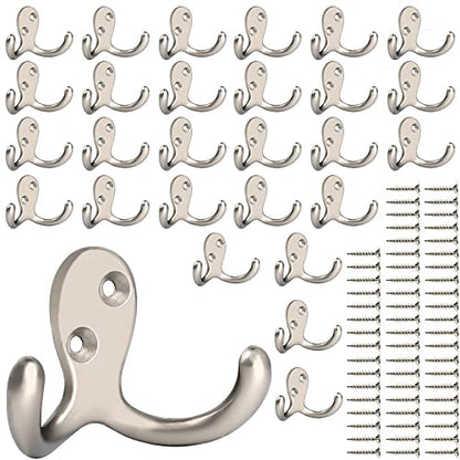 IBosins 28 Pack Heavy Duty Double Prong Coat Hooks Wall Mounted with 56 Screws Retro Double Hooks Utility Hooks for Coat, Scarf, Bag, Towel, Key, Cap, Cup, Hat - color: 28 Pcs Silvery