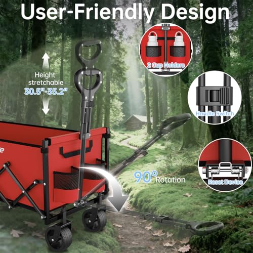 Extra Long Collapsible Wagon Cart, 480LBS Heavy Duty Utility Wagons with All-Terrain Wheels, Foldable Grocery Carts for Gardening, Shopping, Beach, Camping, Cherry Red - color: Cherry Red