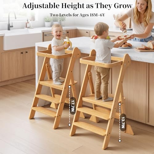 COSYLAND Foldi Foldable Toddler Kitchen Stool - Adjustable Height Toddler Standing Tower with Net & Safety Feet, IF Award-Winning Wooden Learning Step Tower for Kids Ages 18M-6Y, Natural - color: Natural