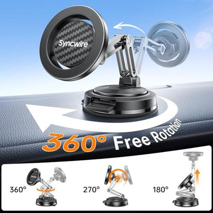 SYNCWIRE for MagSafe Car Mount, [3-Axis Adjustable] Vacuum Magnetic Phone Holder, Replaceable Suction Cup (Dashboard/Windshield), 360° Rotation, Foldable, for iPhone 17-12 Pro/Max/Plus, Carbon-Fiber - color: Carbon Fiber
