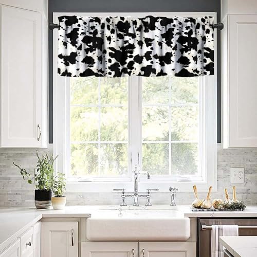 Black White Cowhide Valance, Milk Cow Western Farm Animal Skin Print Blackout Short Window Curtain for Farmhouse Kitchen Bedroom Living Room, 54x18inch - color: Cowhide-1