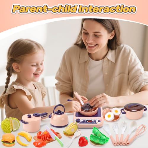 CUTE STONE Kids Kitchen Accessories, Toy Pots & Pans Set with Sound & Light Induction Cooktop, Cuttable & Peelable Play Food, Play Cookware, Educational Role Play Gift for Toddlers & Kids Ages 3+ - style: Purple with induction