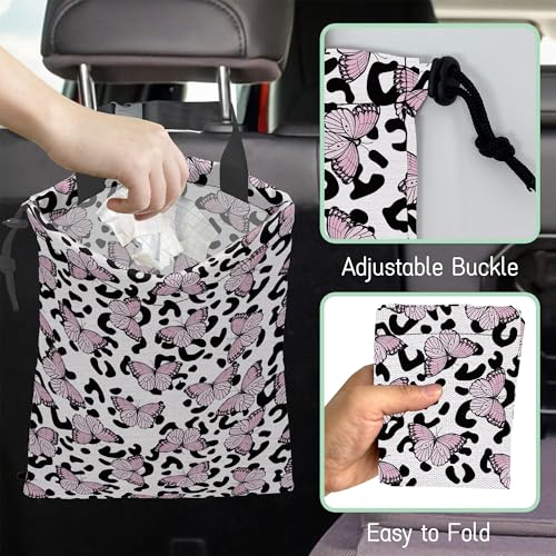 Butterfly Car Garbage Bag,Leopard Waterproof Small Car Trash Bag Hanging Back of Seat,Drawstring Hanging Car Trash Bag with Adjustable Buckle for Car Accessories - color: Butterfly