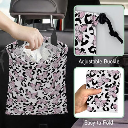 Butterfly Car Garbage Bag,Leopard Waterproof Small Car Trash Bag Hanging Back of Seat,Drawstring Hanging Car Trash Bag with Adjustable Buckle for Car Accessories - color: Butterfly