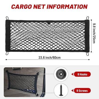 RED WOLF 2 Pcs Universal Elastic Mesh Netting Car Pouch for Trunk RV Boats Home Cargo Storage with Screws and Hooks (23.6'' x 9.8'') - size: 23.6'' x 9.8''