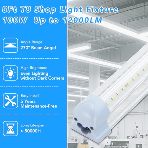 10 Pack 8FT LED Shop Lights Work Garage Light, T8 100W 19200LM 6000K Daylight, Linkable Plug & Play Energy-Saving Commercial Bay Lighting Warehouse Basement (V2) - size: V2-8FT-10PCS