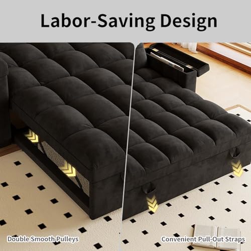 65" Foldable RV Love Seat Sofa, Modern Velvet Pull Out Couch with Table Board and UAB, Convertible Love Seat Sofa Bed with Adjustable Back and Pillow for Living Room, Small Spaces(Black, 2 Seat) - color: Black, size: 2 Seat