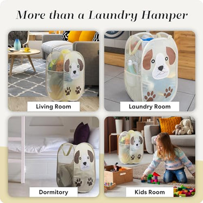 Pop Up Laundry Hamper, Cute Puppy Collapsible Mesh Basket 71L with Reinforced Handles and Side Pocket - Foldable Pop Up Hamper for Dorm, Travel, Kids Room - Handy Laundry (Puppy) - color: Puppy