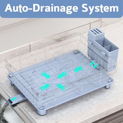 Dish Drying Rack - Space Saving Dish Rack - Dish Racks for Kitchen Counter with Drainboard,Rustproof Dish Drainer with Removable Utensil Holder,Blue - color: 1 Tier-blue