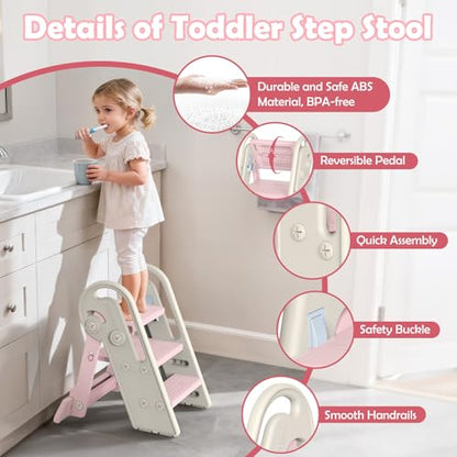 Onasti Foldable Step Stool for Kids & Toddlers, 3 Step Convertible to 2 Step with Handles, Training Stool for Bathroom Sink & Kitchen Counter, Non-Slip Stable Step Stool for Growing Children- Pink - color: Baby Pink