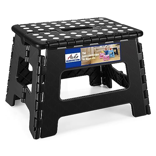 ACKO Folding Step Stool 9 Inch 300 lb Capacity, Plastic Foldable Step Stools for Kids and Adults, Folding Stools Suitable for Kitchen, Stepping Stool with Handle Black 1PC - color: Black, size: 9 Inch