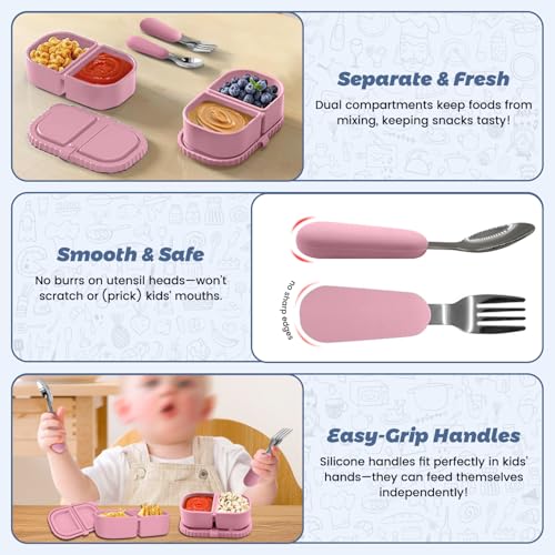 Silicone Snack Containers for Kids (8.5Oz, 2-Compartment)+ Kids Silicone Cutlery Set (Spoon and Fork) - BPA Free, Leak Proof, Great for Toddler/Kid/Adult Meal Prep Containers (pink) - color: pink