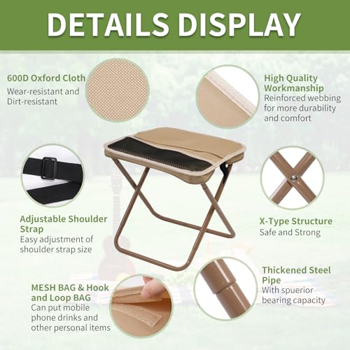 Foldable Camping Stool, Portable Collapsible Chair with Carry Bag, Ultralight Outdoor Folding Stool for Hiking Fishing, Hold Up to 265 Lbs,Khaki - color: Khaki