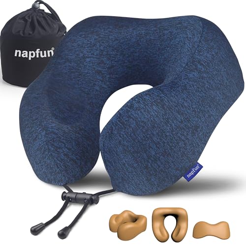 napfun Neck Pillow for Traveling, Upgraded Travel Neck Pillow for Airplane 100% Pure Memory Foam Travel Pillow for Flight Headrest Sleep, Portable Plane Accessories, Blue - color: Blue