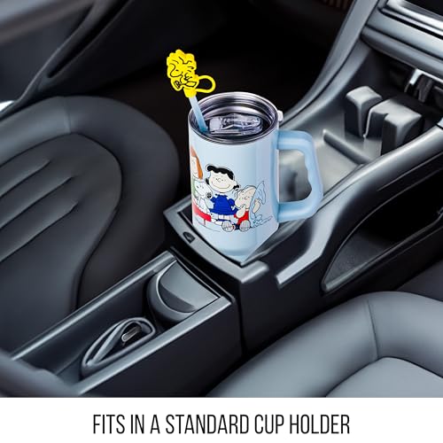 Silver Buffalo Peanuts Gang Charlie Brown, Snoopy, Woodstock, Lucy, Sally, Linus, Double Walled Stainless Steel Tumbler with Handle, Straw, and Straw Cap, Fits in Standard Cup Holder, 40 Ounces - color: Peanuts Gang Charlie Brown