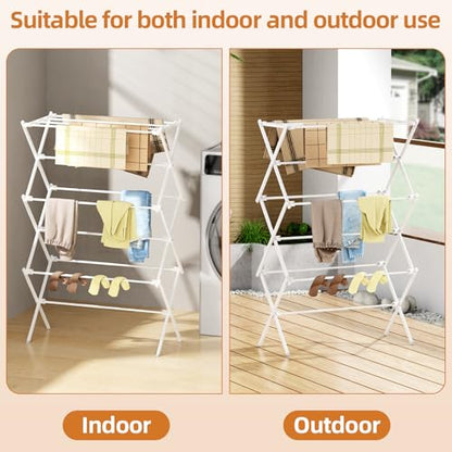 Drying Rack Clothing, 3-Tier Clothes Drying Rack Foldable, Antirust Laundry Drying Rack Collapsible Use for Indoor & Outdoor, 11.8" D x 34.6" W x 35.4" H, White - color: White