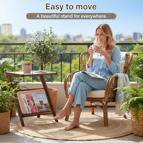 Tiita Rattan Nightstand Side Table, Bamboo Accent Bedside Tables, Glass Coffee Tables, Boho Wooden End Table with Storage for Small Space, Living Room and Bedroom - color: Rattan-s-brown