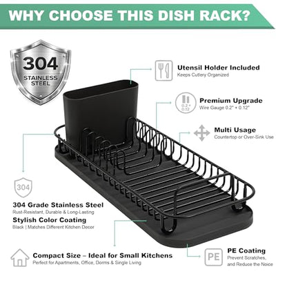 SunnyPoint 304 Stainless Steel NeverRust Compact Dish Drying Rack with Utensil Holder & Removable Drain Tray, Rustproof Small Dish Rack for Kitchen Countertop or Over Sink – Black - color: Blk