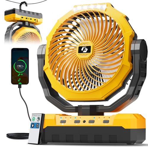 FRIZCOL 3-in-1 Camping Fan - Portable Fans Rechargeable - 24000mAh Battery Powered Fan with Light & Remote for Indoor, Outdoor, Tent, Travel, Fishing, Jobsite, Gifts for Men Dad Him - Yellow - color: Yellow, style: 24000mAh Internal