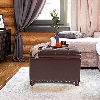 Leather Ottoman with Storage,24’’Foot Rest Ottomans with Hinged Lid Rectangle Upholstered Foot Stools Nailhead Trim for Living Room Bedroom,Dark Brown - color: Dark Brown With Button