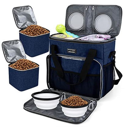 BAGLHER Dog Travel Bag, Pet Travel Bag (ALL Pet Travel Supplies), With 2 Pet Food Containers and 2 Collapsible Silicone Bowls; Essential Kits for Pet Travel Dark Blue - color: Dark Blue, size: Medium