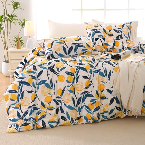 MUXHOMO Lemon Blossom Full Comforter Set, Elegant Floral Print Bed in a Bag 7 Pieces, Ultra Soft & Breathable Reversible Botanical Pattern Bedding Set with Comforter, Sheets, Pillowcases, and Shams - color: Lemon Blossom, size: Full(82"x86")