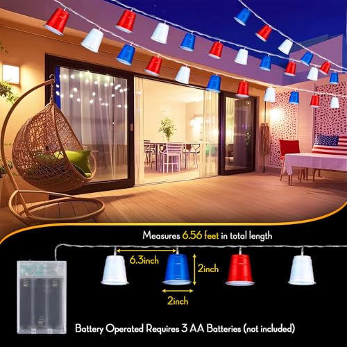 Hiboom 1 Pack Red White and Blue Cups Light, Shot Cup Fairy String Lights Battery Operated LED for Memorial Day Patriotic Decor 4th of July Independence Day Bar Graduation RV Party Decoration (13ft) - size: 13Ft
