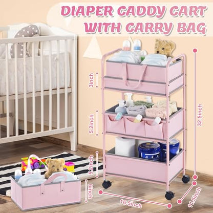 Honeydak 2in1 Baby Diaper Caddy Organizer Cart 3 Tier Large Capacity Metal Utility Bedside Rolling Cart with Divider Newborn Registry Nursery Essential Must Have Crib Bedroom Baby Shower(Pink) - color: Pink