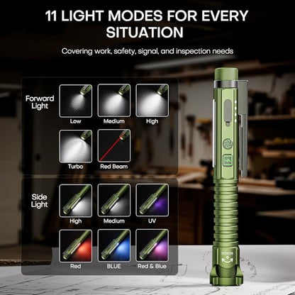 EDC Flashlight Rechargeable,800 Lumen Small Flashlight with Magnetic Clip & Base, 11 Modes LED Flashlight,Glass Breaker&Bottle Opener, USB-C Flashlight for Working,Home and Emergency - color: Green