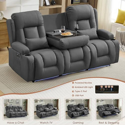 TUNYI Power Loveseat Recliner Sofa with Massage & Heat Home Theater Seating with Console RV Recliner Loveseat Sofa with USB/Storage/Side Pocket/LED Light/Speaker (Dark Grey, 3 Seat) - color: Dark Grey, size: 3 Seat
