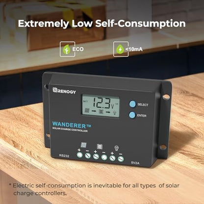 Renogy Wanderer 10A Solar Charge Controller - 12V/24V PWM Auto-Detect, LCD Display, USB & Lithium Support for RV Marine Off-Grid - size: 10A Standard