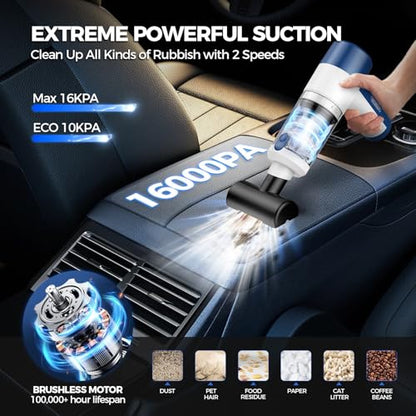 Car Vacuum Cleaner Cordless, 4 in 1 Portable Vacuum Cleaner 16000PA High Power Air Duster & Air Blower & Pump, Rechargeable Handheld Vacuum with Brushless Motor, Multi-Nozzles for Car, Home, Office