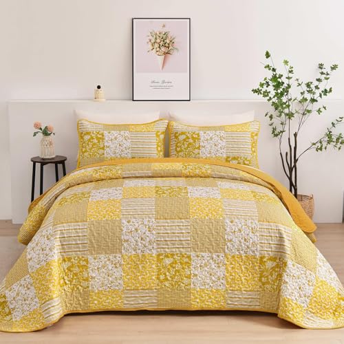 Mybedsoul Yellow Boho Quilt Set Full Size,3 Pieces Plaid Floral Bedspread Coverlet Set Summer,Patchwork Reversible Bedding Set Full 78"×90" - color: Yellow, size: Full