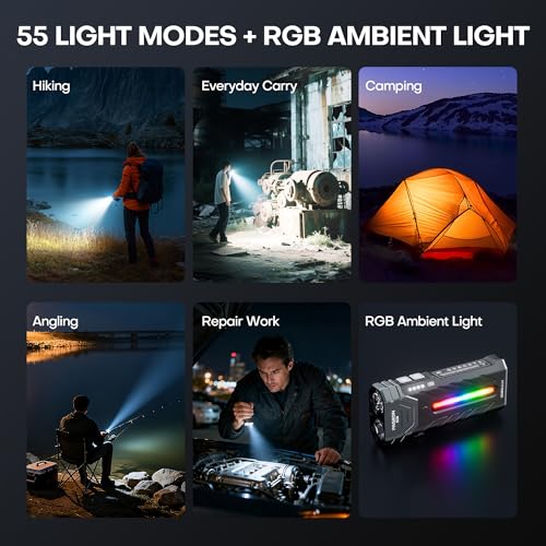 EDC Rechargeable Flashlight 3250 Lumens with RGB Light,55 Modes Multifunctional Flat Flashlight with Floodlight,Spotlight and Magnetic Base,Waterproof USB C Flashlight for Camping,Home,Emergencies - size: Black