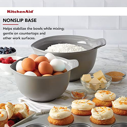 KitchenAid Universal Nesting Plastic Mixing Bowls, Set Of 3, 2.5 quart, 3.5 quart, 4.5 quart, Non Slip Base with Easy Pour Spout to Reduce Mess, Dishwasher Safe, Gray - color: Gray, size: Set of 3