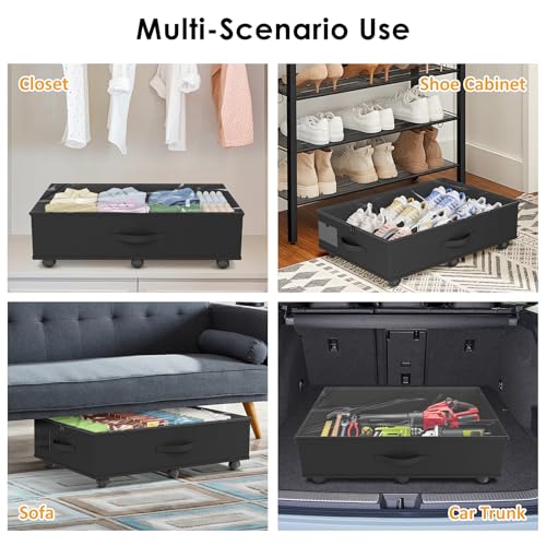 Under Bed Storage with Wheels, 2-Pack Under Bed Storage Containers with Clear Lid and Handles, Rolling Underbed Storage Drawers Organizer for Clothes,Shoes,Toys, Books (Black)