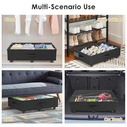 Under Bed Storage with Wheels, 2-Pack Under Bed Storage Containers with Clear Lid and Handles, Rolling Underbed Storage Drawers Organizer for Clothes,Shoes,Toys, Books (Black)