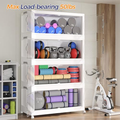 600QT Extra Large Stackable Storage Bins with Lid & Wheels & Doors, 150Gal Foldable Collapsible Closet Organizers, Plastic Cabinet Box Container Drawer for Home Kitchen Bedroom, 5Pack White - style: 5Pack