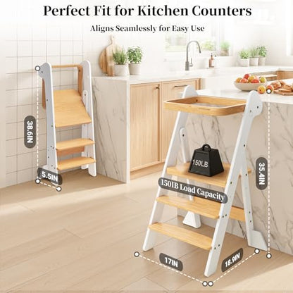 COSYLAND Foldi Foldable Toddler Kitchen Stool - Adjustable Height Toddler Standing Tower with Net & Safety Feet, IF Award-Winning Wooden Learning Step Tower for Kids 18M-6Y, White & Natural - color: White & Natural