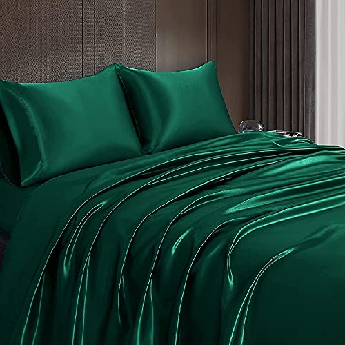 Homiest 3pcs Satin Sheets Set Luxury Silky Satin Bedding Set with Deep Pocket, 1 Fitted Sheet + 1 Flat Sheet + 1 Pillowcase (Twin XL Size, Blackish Green) - color: Blackish Green, size: Deep pocket - Twin XL size