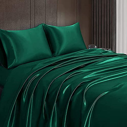 Homiest 3pcs Satin Sheets Set Luxury Silky Satin Bedding Set with Deep Pocket, 1 Fitted Sheet + 1 Flat Sheet + 1 Pillowcase (Twin XL Size, Blackish Green) - color: Blackish Green, size: Deep pocket - Twin XL size