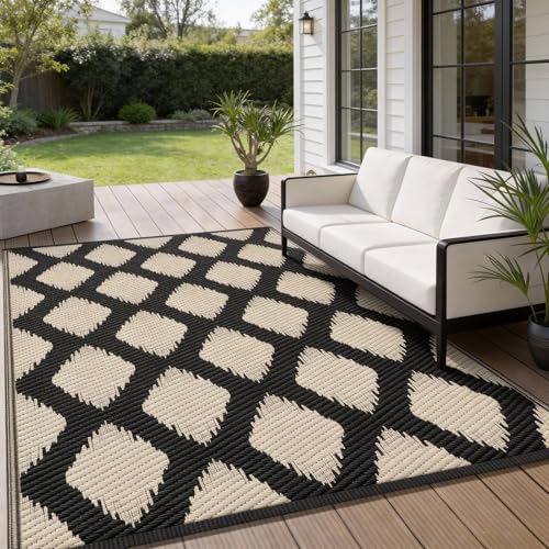 COOLTOP 9'x12’ Outdoor Rug for Patios Porches, Waterproof Plastic Camping Rugs, Modern Reversible Mat, Large Area Rugs for Backyard, Deck, RV, Balcony, Picnic, Beach, Black & Beige - color: Black&beige, size: 9' x 12' (Rectangular)