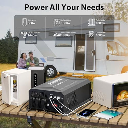 BESTEK 2000W Car Power Inverter, DC 12V to 110V AC Converter Car Outlet Adapter with USB-C PD30W QC18W Cigarette Lighter Plug, 3 AC Charger Outlets and Dual USB Ports for RV Road Trips - color: Black