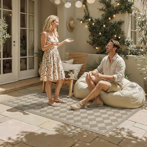 HUGEAR 3x5 Outdoor Rug Brown/Beige Linen-Look Fabric Checkered Area Rug High Traffic Stain Resistant Easy Clean Durable Rugs for Indoor/Outdoor Patio Deck Balcony Porch Garden Courtyard - color: Jute-check|beige/Brown, size: 3' x 5' (Rectangular)
