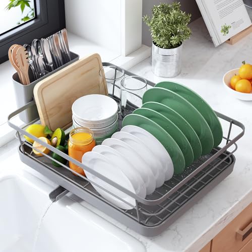 Kitsure Dish Drying Rack for Kitchen Counter, Stainless Steel Sink Organization and Storage Essentials with Cutlery Holder, Home and Appartment Decor, 12''W x 15.5''L, Grey - color: Gray, size: 12''W x 15.5''L - 1 Tier