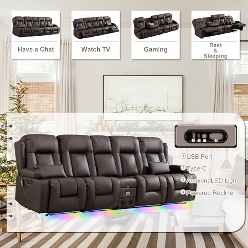 TUNYI Power Loveseat Recliner Sofa with Massage & Heat Home Theater Seating with Console RV Recliner Loveseat Sofa with USB/Storage/Side Pocket/LED Light/Speaker (Brown) - color: Brown, size: 4 Seat with console